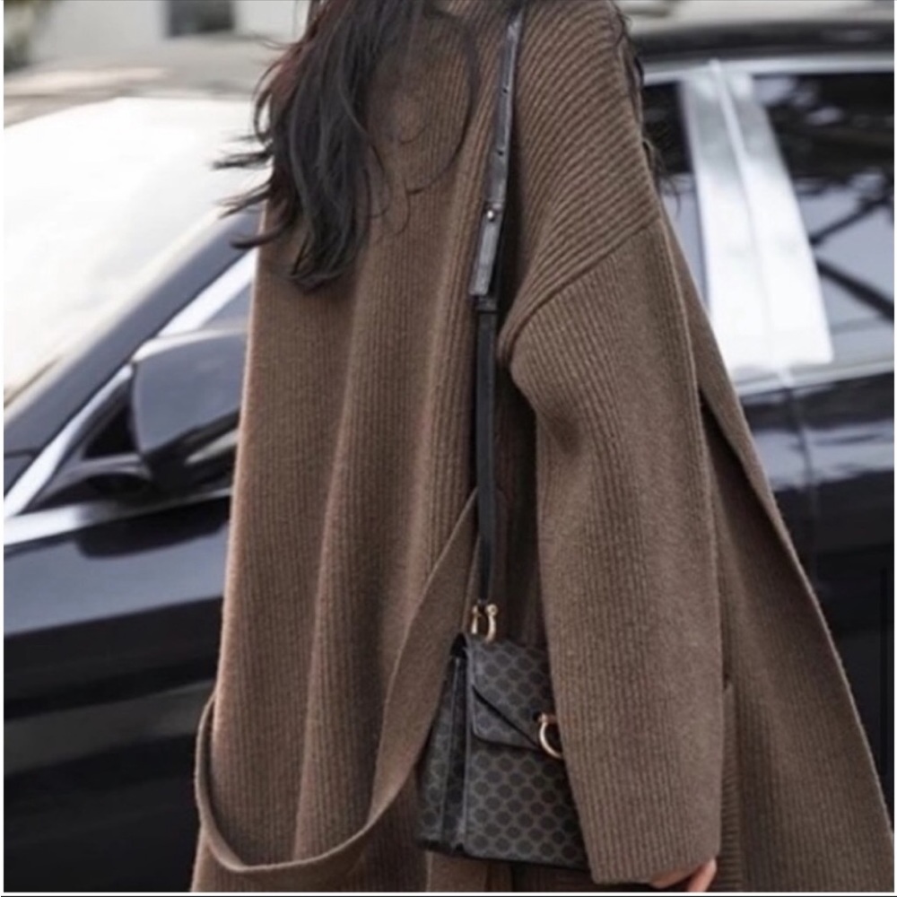 Chunky Below the knee Rib Belted With Pockets Black Cardigan Coat - Picture 7 of 14